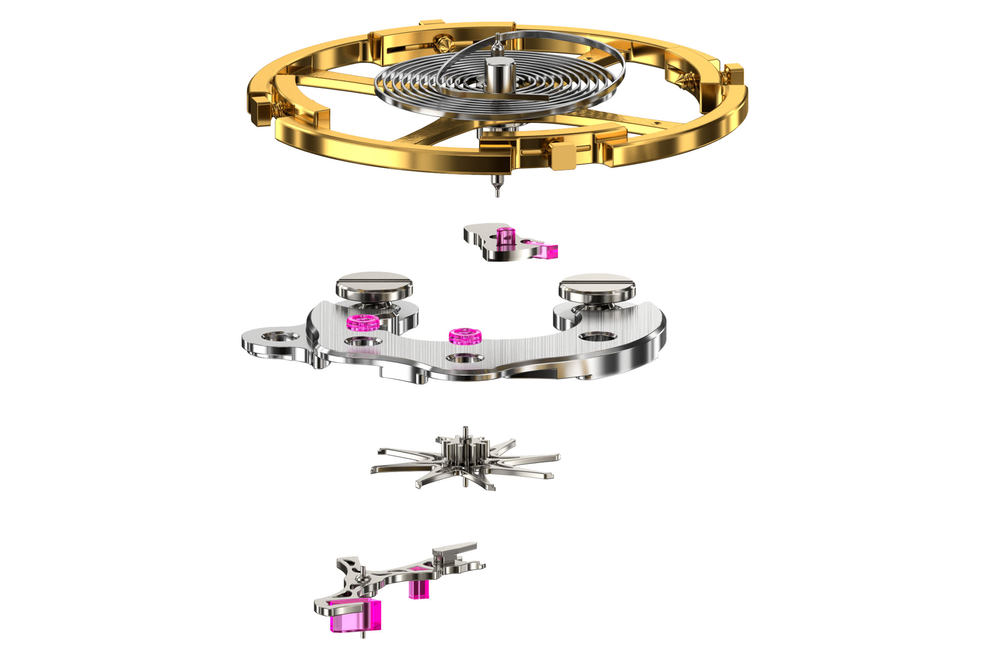 Exploded view of the Grand Seiko Dual Pulse Escapement.